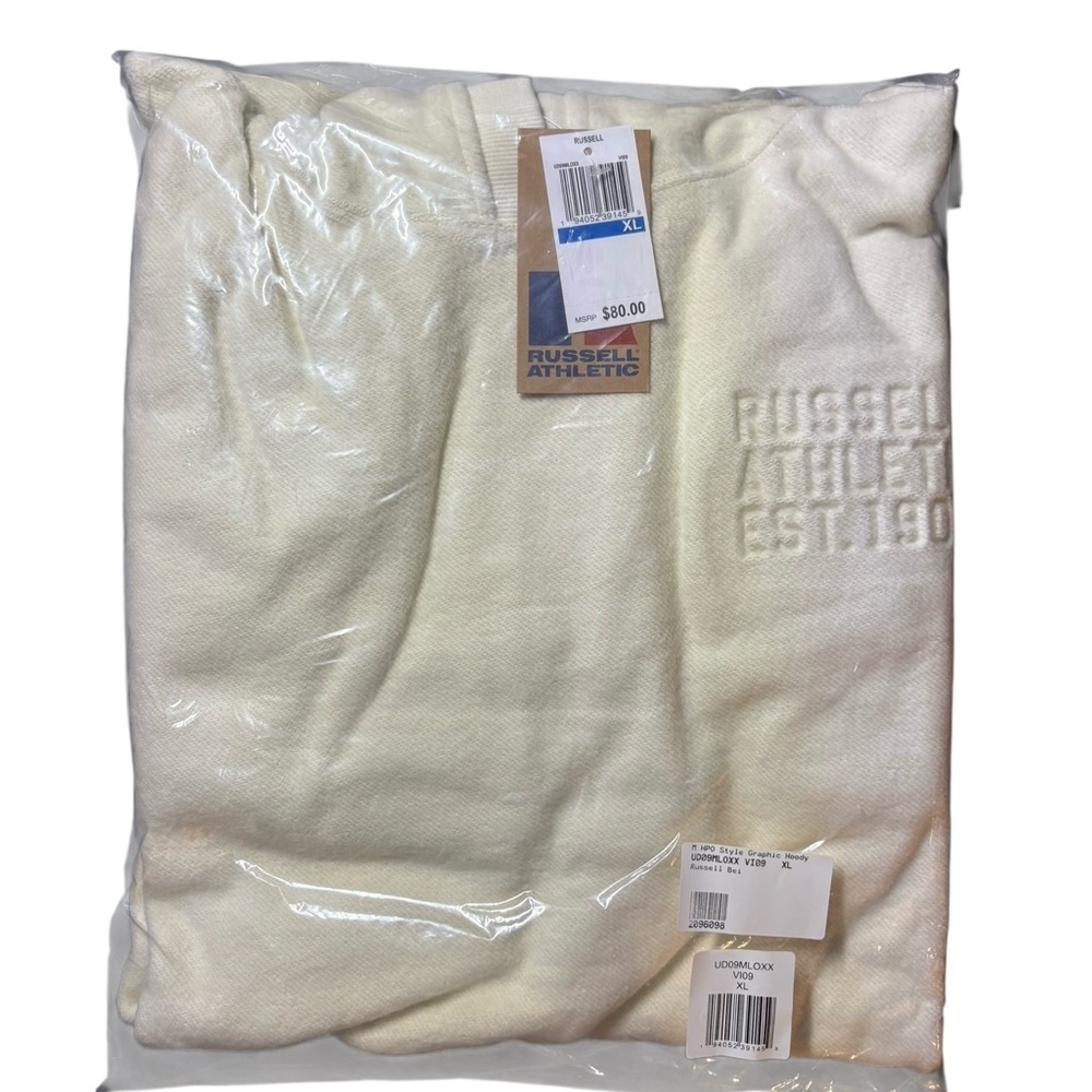 RUSSELL ATHLETIC NWT 
Chamois Hoodie Sweatshirt In Ivory  in Sz L & XL - Picture 5 of 5